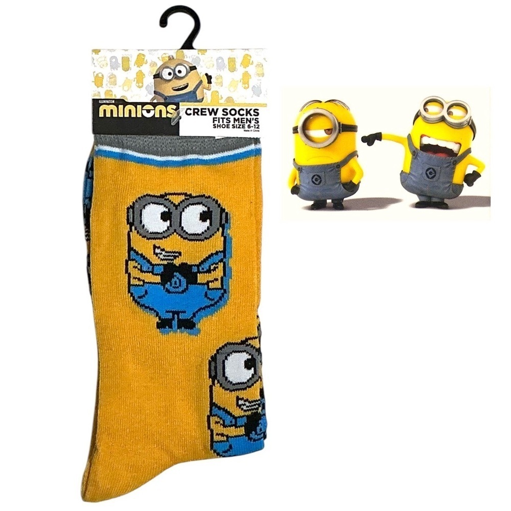 Despicable Me Minions Novelty Crew Socks Yellow Blue Unisex Mens 6-12 Shoe Size